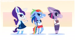 Size: 2153x1149 | Tagged: safe, artist:syrupyyy, imported from derpibooru, rainbow dash, rarity, twilight sparkle, anthro, horse, pony, alternate hairstyle, animal crossing, book, clothes, crossover, dress, eyeshadow, female, jeans, makeup, open mouth, pants, shirt, shorts, socks, sports shorts, stockings, t-shirt, thigh highs, trio, vest