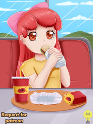 Size: 1500x2000 | Tagged: safe, artist:focusb, imported from derpibooru, apple bloom, human, adorabloom, apple bloom's bow, bow, burger, cute, food, french fries, hair bow, humanized, offscreen character, pov, soda