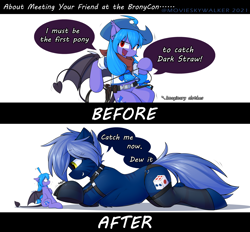 Size: 2048x1897 | Tagged: safe, artist:movieskywalker, derpibooru exclusive, imported from derpibooru, oc, oc only, oc:dark straw, oc:frozen light, bat pony, hybrid, pony, succubus, succubus pony, zony, bat wings, belt, black underwear, blue hair, choker, clothes, cowboy hat, cowgirl, duo, female, hat, jewelry, lingerie, looking at each other, macro/micro, necklace, panties, red eyes, rope, sexy, shirt, shocked, simple background, size difference, socks, t-shirt, underwear, white background, wings, yellow eyes, zony oc