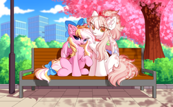 Size: 4444x2760 | Tagged: safe, artist:airiniblock, imported from derpibooru, oc, oc only, oc:bay breeze, oc:glassy mind, pony, bench, bow, chest fluff, city, collar, duo, ear fluff, hair bow, park, rcf community, streetlight, tail bow, tree