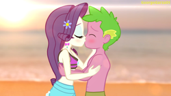 Size: 2160x1215 | Tagged: safe, artist:georgegarza01, imported from derpibooru, rarity, spike, human, equestria girls, equestria girls series, forgotten friendship, bare chest, beach, belly button, bikini, blushing, clothes, duo, ear piercing, earring, eyes closed, female, flower, flower in hair, hand on cheek, human spike, humanized, jewelry, kiss on the lips, kissing, love, male, piercing, romantic, sarong, shipping, show accurate, sparity, straight, sunset, swimsuit, topless