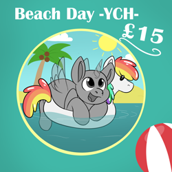 Size: 5000x5000 | Tagged: safe, artist:rokosmith26, imported from derpibooru, alicorn, earth pony, pegasus, pony, unicorn, advertisement, advertising, commission, commission info, description is relevant, floaty, happy, high res, looking up, open mouth, palm tree, simple background, solo, spread wings, sun, text, tree, water, wings, ych example, your character here