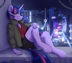 Size: 2000x1750 | Tagged: safe, artist:shadowreindeer, imported from derpibooru, twilight sparkle, anthro, unguligrade anthro, city, clothes, cyberpunk, cyberpunk 2077, dock, eye clipping through hair, female, graffiti, jacket, looking at you, night, shorts, smiling, smiling at you, solo