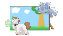 Size: 1280x732 | Tagged: safe, artist:itstechtock, imported from derpibooru, imported from ponybooru, oc, oc only, pegasus, pony, unicorn, backdrop, bowtie, cloud, colt, freckles, grass, magic, magic aura, male, script, simple background, sky, transparent background, tree, two toned mane, two toned wings, unshorn fetlocks, wings