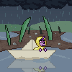 Size: 600x600 | Tagged: safe, artist:nitobit, imported from derpibooru, imported from ponybooru, part of a set, twilight sparkle, alicorn, pony, unicorn, cloud, female, grass, happy, mare, micro, paper, paper boat, pixel art, puddle, rain, raincoat, rock, solo, unicorn twilight, water