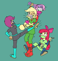 Size: 1588x1667 | Tagged: safe, artist:bugssonicx, imported from derpibooru, apple bloom, applejack, scootaloo, sweetie belle, equestria girls, alternate clothes, ambush, apple bloom's bow, bondage, bow, brightly colored ninjas, chloroform, chokehold, cutie mark crusaders, female, femdom, fight, hair bow, high kick, kicking, kunoichi, martial arts, mask, ninja, one eye closed, rope, sandals, siblings, sisters, sleeper hold, struggling, tied up, tying