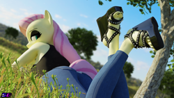 Size: 3840x2160 | Tagged: safe, artist:shadowboltsfm, imported from derpibooru, fluttershy, anthro, plantigrade anthro, 3d, 4k, adorasexy, black nail polish, blender, clothes, crossed legs, cute, eyelashes, eyeshadow, feet, fluttergoth, goth, high heels, high res, jeans, looking at you, looking back, looking back at you, looking over shoulder, makeup, nail polish, not sfm, open-toed shoes, pants, sexy, shoes, solo, tanktop, the pose, toes, wedge heel