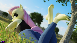 Size: 3840x2160 | Tagged: safe, artist:shadowboltsfm, imported from derpibooru, fluttershy, anthro, plantigrade anthro, 3d, 4k, adorasexy, barefoot, black nail polish, blender, clothes, crossed legs, cute, eyelashes, eyeshadow, feet, fluttergoth, goth, high res, jeans, looking at you, looking back, looking back at you, looking over shoulder, makeup, nail polish, not sfm, pants, sexy, solo, tanktop, the pose, toes, wingless, wingless anthro