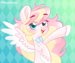 Size: 2654x2259 | Tagged: safe, artist:ninnydraws, imported from derpibooru, oc, oc only, oc:ninny, pegasus, pony, bowtie, bust, eyebrows, fluffy, heterochromia, high res, looking at you, simple background, solo