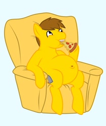 Size: 2000x2396 | Tagged: source needed, useless source url, safe, artist:deathtoaster, imported from derpibooru, oc, oc:johnny, pony, armchair, belly, belly button, big belly, chair, commission, couch potato, fat, food, high res, obese, overeating, pizza, sitting, stuffing