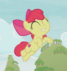 Size: 447x475 | Tagged: safe, imported from derpibooru, screencap, apple bloom, earth pony, pony, going to seed, adorabloom, apple bloom's bow, bow, cropped, cute, eyes closed, female, filly, hair bow, jumping, solo, sweet apple acres, teeth