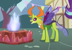 Size: 513x354 | Tagged: safe, imported from derpibooru, screencap, starlight glimmer, thorax, changedling, changeling, pony, unicorn, triple threat, behaving like a moth, cropped, duo, female, fire, king thorax, male, offscreen character, smiling, solo, stare