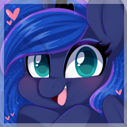 Size: 500x500 | Tagged: safe, artist:sakukitty, imported from derpibooru, princess luna, pony, blushing, bust, colored pupils, cute, female, filly, heart, looking at you, lunabetes, mare, open mouth, portrait, solo, woona, younger