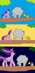 Size: 621x1286 | Tagged: safe, artist:willtheraven1, imported from derpibooru, twilight sparkle, oc, oc:ruby, oc:willow, alicorn, mouse, original species, rhinoceros, fanfic:season 10, the last problem, character and oc, hakuna matata, log, older, older twilight, princess twilight 2.0, twilight sparkle (alicorn), walking on a log