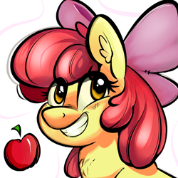 Size: 1600x1600 | Tagged: safe, artist:zapplebow, imported from derpibooru, apple bloom, earth pony, pony, apple, bust, ear fluff, female, filly, food, grin, portrait, smiling, solo