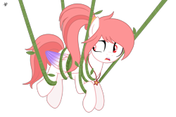 Size: 2760x1848 | Tagged: safe, artist:princessmoonsilver, imported from derpibooru, oc, oc only, oc:fire lynk, pegasus, pony, bound wings, female, jewelry, mare, necklace, open mouth, ponytail, simple background, solo, suspended, tangled up, transparent background, vine, wings