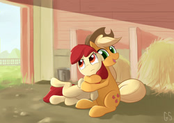 Size: 3000x2119 | Tagged: safe, artist:gsphere, imported from derpibooru, apple bloom, applejack, earth pony, pony, adorabloom, annoyed, apple sisters, barn, cute, duo, duo female, female, filly, foal, haystack, high res, hug, jackabetes, mare, siblings, sisters, sitting, smiling