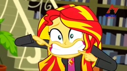 Size: 1920x1080 | Tagged: safe, imported from derpibooru, screencap, sunset shimmer, epic fails (equestria girls), eqg summertime shorts, equestria girls, awkward smile, cropped, female, grin, library, milady record, smiling, sunset shimmer is best facemaker