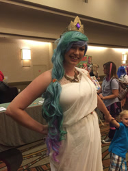 Size: 1024x1366 | Tagged: safe, artist:cessatia, artist:cinemabrony, artist:cinemapony, imported from derpibooru, princess celestia, human, clothes, cosplay, costume, equestria la, equestria la 2015, hand on hip, irl, irl human, photo