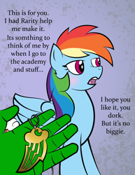 Size: 2550x3300 | Tagged: safe, artist:vareb, imported from derpibooru, rainbow dash, oc, oc:anon, pegasus, pony, blushing, cute, dork, gold, hand, high res, jewelry, looking away, misspelling, necklace, present, text, tsunderainbow, tsundere