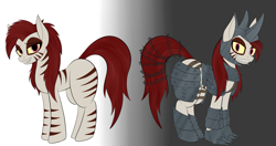 Size: 4975x2626 | Tagged: safe, artist:rorrek, imported from derpibooru, oc, oc only, oc:rampage, earth pony, pony, fallout equestria, fallout equestria: project horizons, armor, barbed wire, claws, fanfic art, gradient background, multiple angles, reference sheet, slasher smile, solo, stripes, yellow eyes