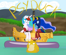 Size: 1600x1350 | Tagged: safe, artist:patty-plmh, imported from derpibooru, princess celestia, princess luna, alicorn, pony, psyduck, two best sisters play, boat, clothes, crossover, ethereal mane, female, hat, mare, outdoors, pokémon, pokémon snap, starry mane