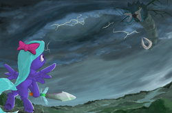 Size: 1820x1200 | Tagged: safe, artist:kixalin, imported from derpibooru, flitter, dragon, pegasus, pony, bipedal, duo, female, flying, hoof hold, lightning, looking up, male, outdoors, scared, sword, weapon, wings