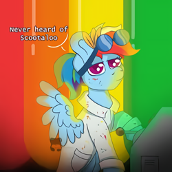 Size: 450x450 | Tagged: artist needed, safe, imported from derpibooru, rainbow dash, pegasus, pony, fanfic:rainbow factory, blood, clothes, fanfic art, goggles, implied scootaloo, lab coat, rainbow factory dash, raised hoof, sitting, solo, talking, unamused, wings