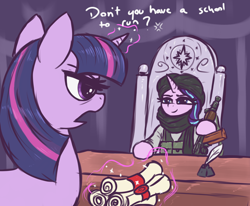 Size: 2406x1986 | Tagged: safe, artist:t72b, imported from derpibooru, starlight glimmer, twilight sparkle, pony, unicorn, afghanistan, ak74su, aks-74u, annoyed, chair, clothes, desk, dialogue, duo, duo female, eyelashes, female, frown, historical roleplay starlight, hoof hold, horn, inkwell, levitation, magic, mare, quill, scroll, taliban, telekinesis, text, throne, turban, unicorn twilight, weapon, wingless