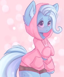 Size: 800x960 | Tagged: safe, artist:valeria_fills, imported from derpibooru, trixie, pony, semi-anthro, unicorn, :o, black underwear, blushing, boyshorts, clothes, cute, diatrixes, ear fluff, female, hoodie, mare, open mouth, panties, solo, underwear