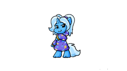 Size: 600x335 | Tagged: safe, artist:zutcha, imported from derpibooru, trixie, pony, unicorn, >:3, alternate hairstyle, babysitter trixie, bipedal, clothes, hoodie, smiling, solo