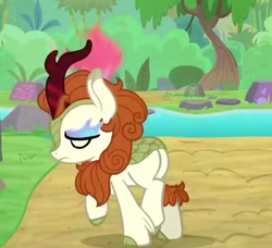 Size: 616x561 | Tagged: safe, imported from derpibooru, screencap, autumn blaze, kirin, nirik, sounds of silence, animation error, female, fire, imminent nirik, mare, no tail, raised hoof, solo