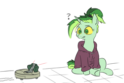 Size: 672x451 | Tagged: safe, artist:jargon scott, imported from derpibooru, oc, oc only, oc:okie dokey loki, pony, unicorn, claymore, claymore roomba, clothes, female, filly, hoodie, magical lesbian spawn, mine, offspring, parent:oc:dyx, parent:oc:filly anon, parents:oc x oc, question mark, roomba, solo, this will end in explosions, this will end in pain, weapon, wingding eyes