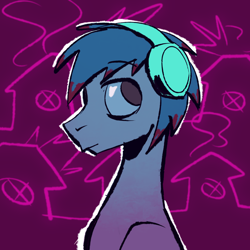 Size: 1280x1280 | Tagged: safe, artist:poroshya, imported from derpibooru, oc, oc only, oc:the living tombstone, earth pony, pony, bust, fire, headphones, houses, looking back, smoke, solo