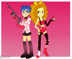 Size: 3631x2971 | Tagged: safe, artist:eagc7, imported from derpibooru, adagio dazzle, flash sentry, equestria girls, angel bomb, angel dust, angel dust (hazbin hotel), bomb, cherri bomb, clothes, cosplay, costume, crossdressing, duo, female, flashagio, gun, hazbin hotel, high res, ko-fi, male, patreon, patreon reward, shipping, simple background, sleeveless, straight, tommy gun, weapon