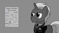 Size: 1227x690 | Tagged: safe, imported from derpibooru, oc, oc:firebrand, birthday card, clothes, grayscale, green inferno part 1, hallucination, monochrome, necktie, office, pocket square, signature, suit, text, tf2 analysis anarchy, vest, youtube source