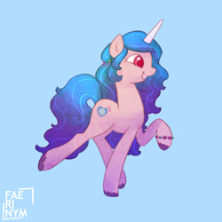 Size: 1000x1000 | Tagged: safe, artist:faerinym, imported from derpibooru, izzy moonbow, pony, unicorn, spoiler:g5, blue background, colored pupils, female, g5, mare, simple background, smiling, solo