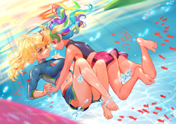 Size: 750x531 | Tagged: source needed, safe, artist:kewoshi, artist:卯卯七, imported from derpibooru, applejack, rainbow dash, fish, equestria girls, appledash, barefoot, breasts, bubble, busty applejack, clothes, feet, female, holding breath, holding hands, human coloration, lesbian, looking at each other, shipping, swimming, swimsuit, underwater