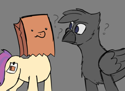 Size: 2400x1739 | Tagged: safe, artist:somber, imported from derpibooru, oc, oc only, oc:paper bag, oc:sombird, earth pony, griffon, pony, female, griffon oc, male, mare, paper bag