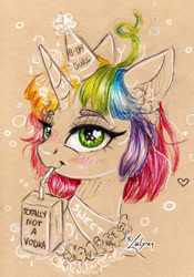 Size: 1024x1462 | Tagged: safe, artist:lailyren, imported from derpibooru, oc, oc only, pony, unicorn, juice, juice box, solo, traditional art, wingding eyes