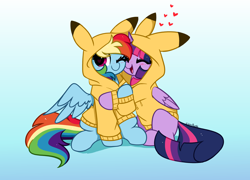 Size: 6800x4900 | Tagged: safe, artist:kittyrosie, imported from derpibooru, rainbow dash, twilight sparkle, alicorn, pegasus, pikachu, pony, absurd resolution, blushing, clothes, cosplay, costume, cute, dashabetes, duo, eyes closed, female, floating heart, gradient background, heart, hoodie, kigurumi, lesbian, open mouth, open smile, pikachu hoodie, pokémon, shipping, simple background, smiling, twiabetes, twidash, twilight sparkle (alicorn)