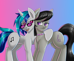 Size: 2200x1800 | Tagged: safe, artist:zachc, imported from derpibooru, dj pon-3, octavia melody, vinyl scratch, earth pony, pony, unicorn, concave belly, duo, female, females only, glasses, gradient background, hoof around neck, mare, octavia is not amused, slim, thin, unamused