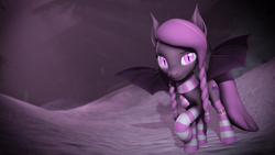 Size: 1920x1080 | Tagged: safe, artist:lagmanor, imported from derpibooru, oc, oc only, oc:wintergleam, bat pony, pony, 3d, bat ears, bat eyes, bat pony oc, bat wings, braid, clothes, cutie mark, dark background, looking at you, mane, scarf, smiling, smiling at you, snow, socks, solo, source filmmaker, spread wings, tail, vignette, wings