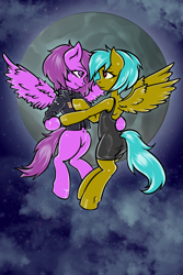 Size: 1494x2239 | Tagged: safe, artist:leastways, imported from derpibooru, oc, oc:high flyer, oc:spirit walker, pegasus, clothes, dancing, dress, female, mare, moon, night, night sky, pegasus oc, sky, wings