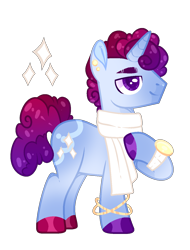Size: 1050x1382 | Tagged: safe, artist:lilywolfpie, artist:lilywolfpie-yt, imported from derpibooru, oc, oc only, pony, unicorn, clothes, male, offspring, parent:cherry jubilee, parent:shining armor, scarf, simple background, solo, stallion, transparent background