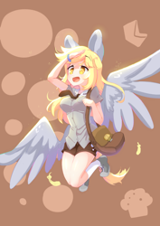 Size: 2894x4093 | Tagged: safe, artist:bubbletea, imported from derpibooru, derpy hooves, human, pegasus, background human, derp, food, humanized, mailmare, muffin, winged humanization, wings
