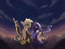 Size: 1200x900 | Tagged: safe, artist:lunarlacepony, imported from derpibooru, oc, oc:dillinger, oc:night glow, griffon, kirin, commission, cute, griffon oc, kirin oc, night, night sky, scenery, shooting star, sky, stargazing, wholesome, wing hands, wings