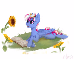 Size: 3840x3144 | Tagged: safe, artist:vinessavinitels, imported from derpibooru, oc, oc only, oc:steam loco, pegasus, pony, book, commission, cute, flower, goggles, high res, lying down, male, pegasus oc, reading, simple background, solo, sunflower, wings, ych result