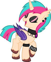 Size: 4000x4863 | Tagged: safe, artist:melisareb, imported from derpibooru, oc, oc only, oc:kittypaint, alicorn, bat pony, bat pony alicorn, pony, absurd resolution, bat wings, bracelet, collar, ear piercing, earring, eye scar, eyes closed, eyeshadow, female, horn, jewelry, makeup, mare, piercing, scar, simple background, solo, transparent background, unshorn fetlocks, vector, wings