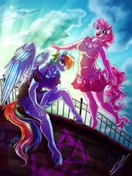 Size: 3000x4000 | Tagged: safe, alternate version, artist:lupiarts, imported from derpibooru, pinkie pie, rainbow dash, anthro, earth pony, pegasus, unguligrade anthro, breasts, busty pinkie pie, busty rainbow dash, clothes, commission, dress, duo, fence, high res, shorts